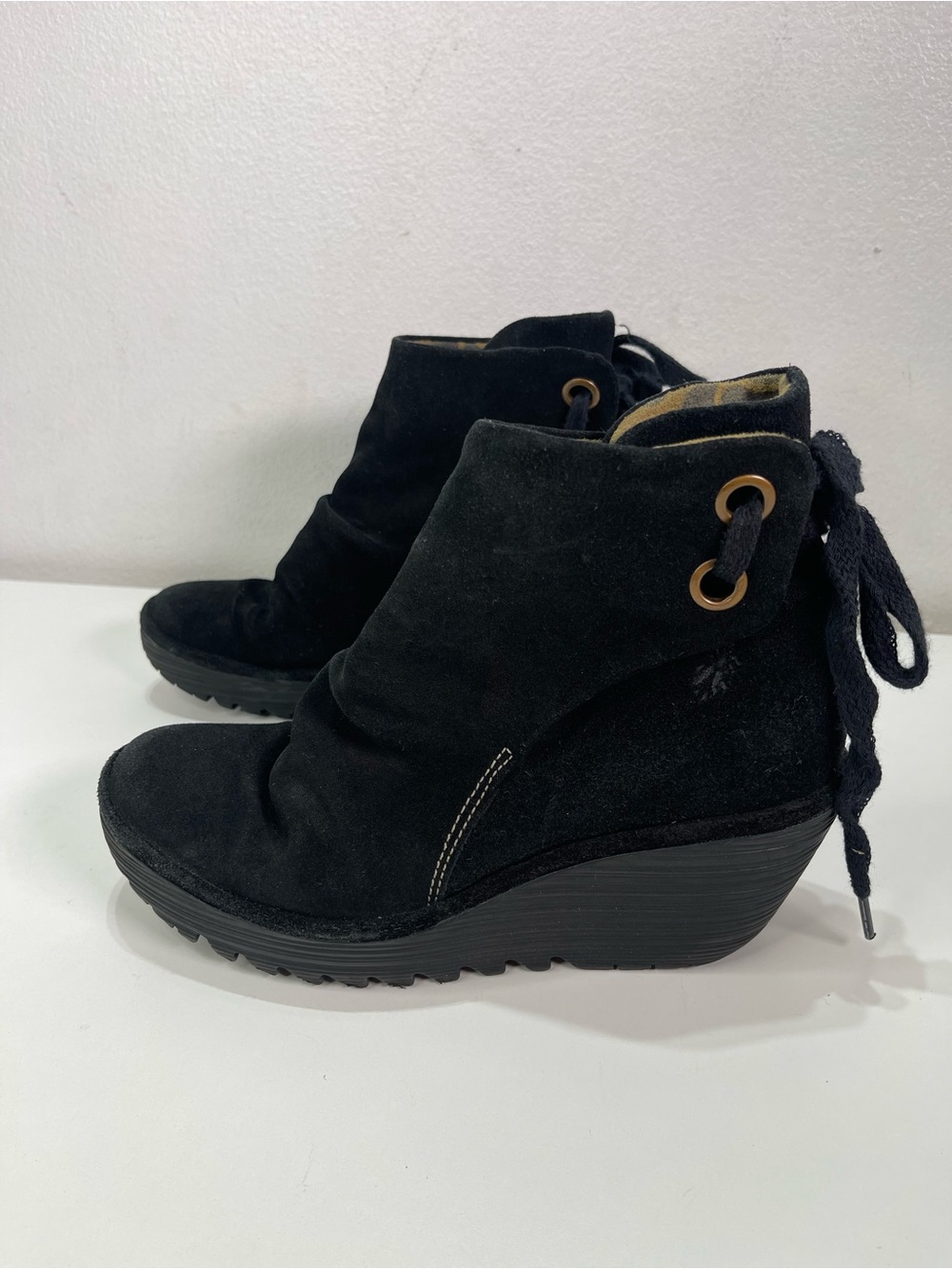 Fly London Ankle Boots Yama Women's 39 ( 8) Black Suede Back Tie Wedge Booties